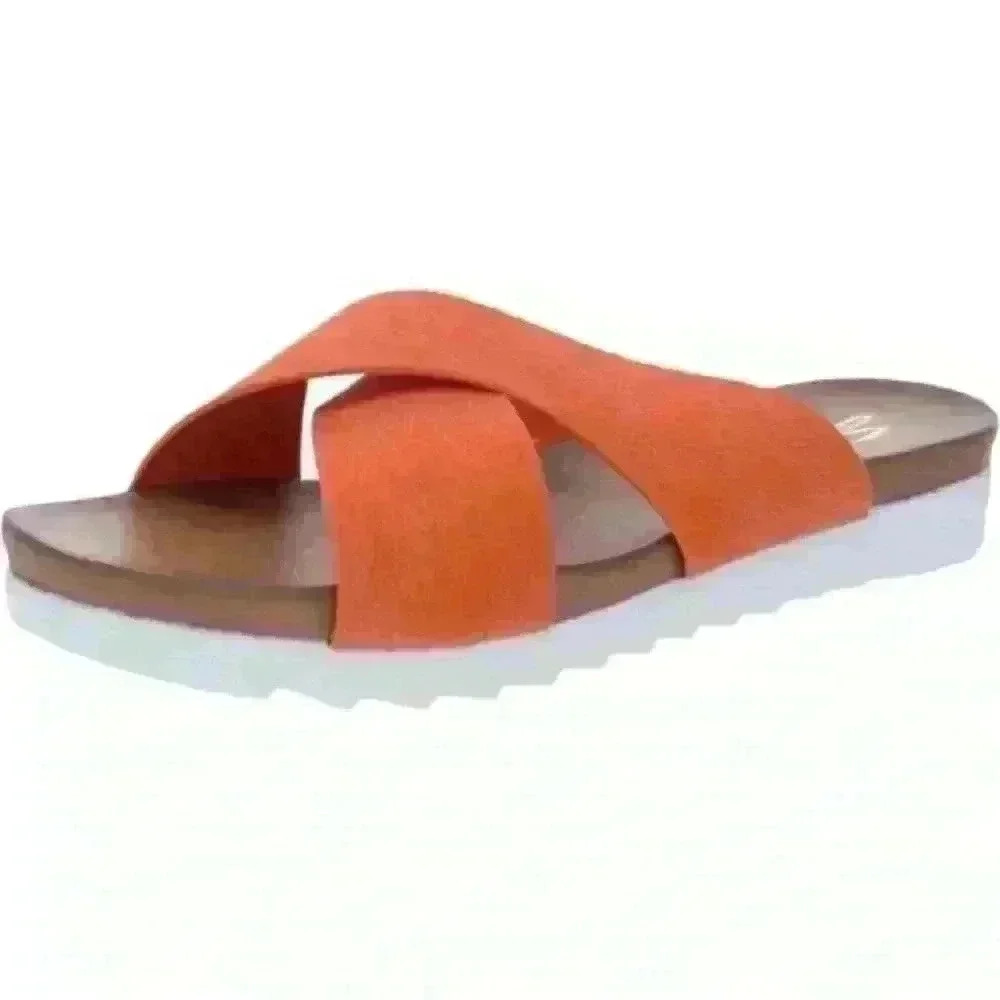 NWB Seven7 Womens Jade Orange Faux Leather Flat Slip On Slide Sandals Shoes- 10